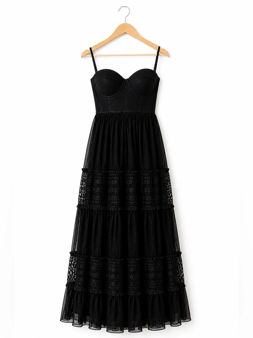 Black Lace Tiered Maxi Dress Lulus M Corset Bodice - Picture 2 of 4